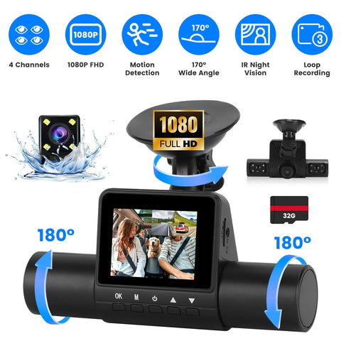 360 Degree View, 4 Channel Dash Cam 1080P Front 480P Rear Left Right Inside Dash Camera With IR Night Vision Loop Recording Motion Detection Free 32GB MMC Card